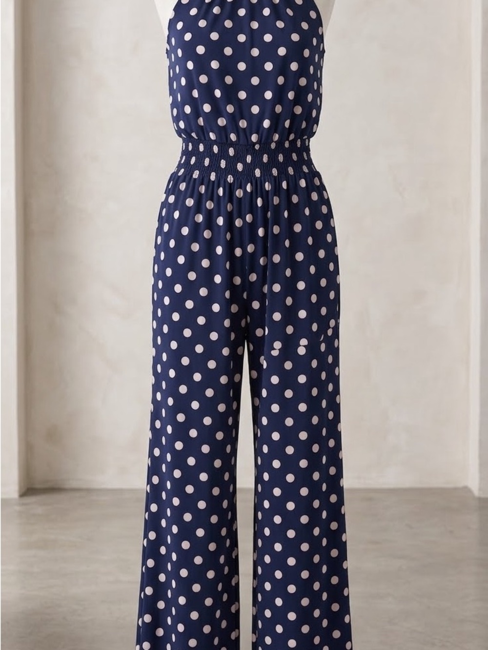 Enfocus Studio Navy and Cream Polka Dot Wide-Leg Jumpsuit